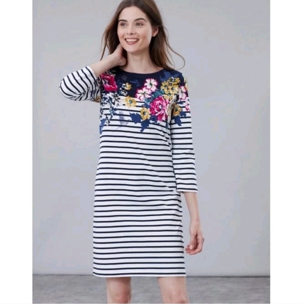 Joules Women Riviera 3/4 Sleeve Navy Stripe Dress Anniversary Floral Border 10